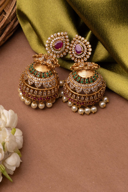 American Diamond Gold-Plated Multicolor Traditional Jhumka