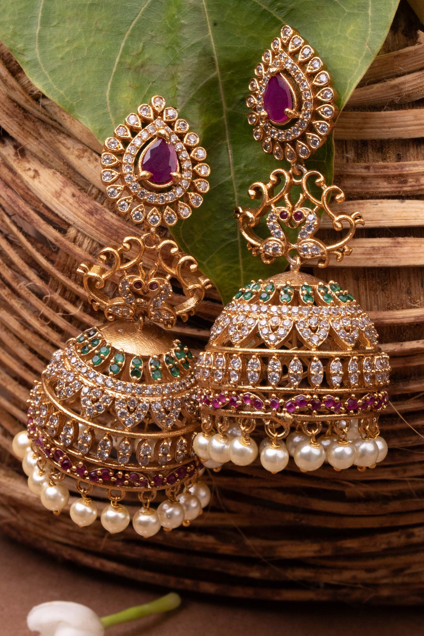 American Diamond Gold-Plated Multicolor Traditional Jhumka