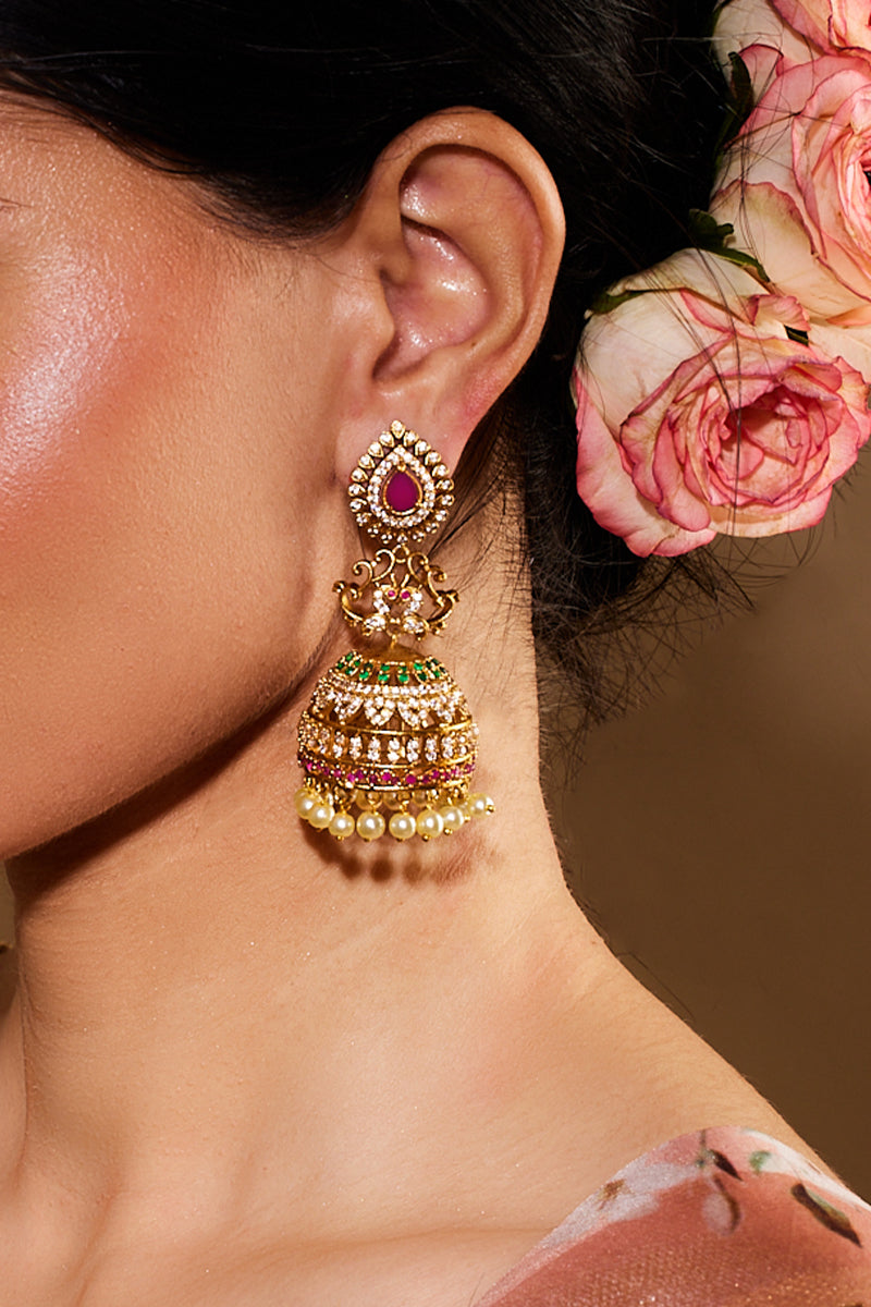 American Diamond Gold-Plated Multicolor Traditional Jhumka