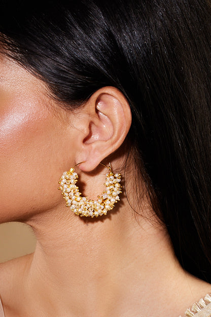 Pearl Gajra Hoops In Gold Plating