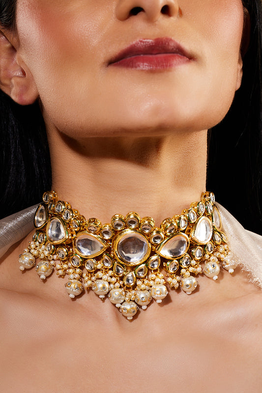 Gold-Plated Uncut Kundan-Studded Polki Choker Jewellery  Set