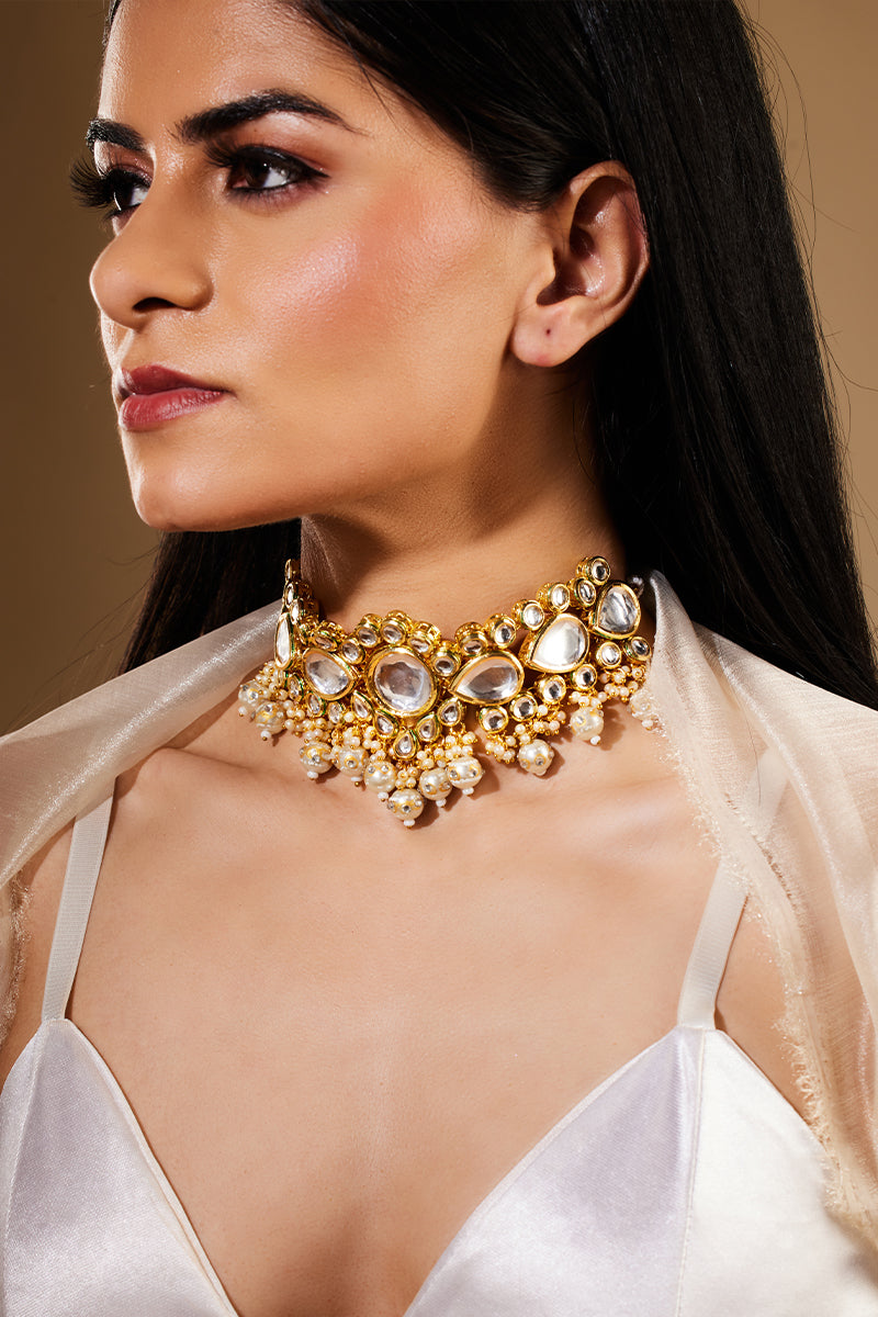 Gold-Plated Uncut Kundan-Studded Polki Choker Jewellery  Set