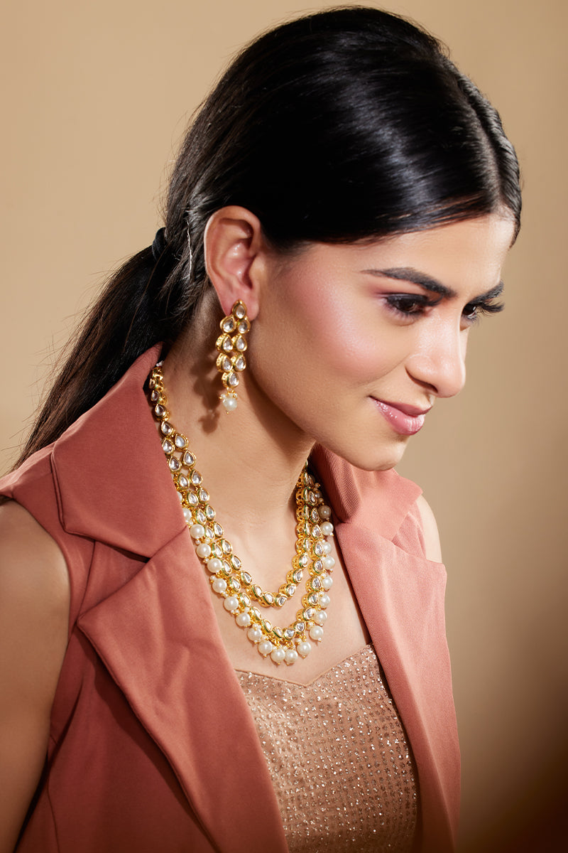 Kundan Pearl-Studded Double-Layered Jewellery Set