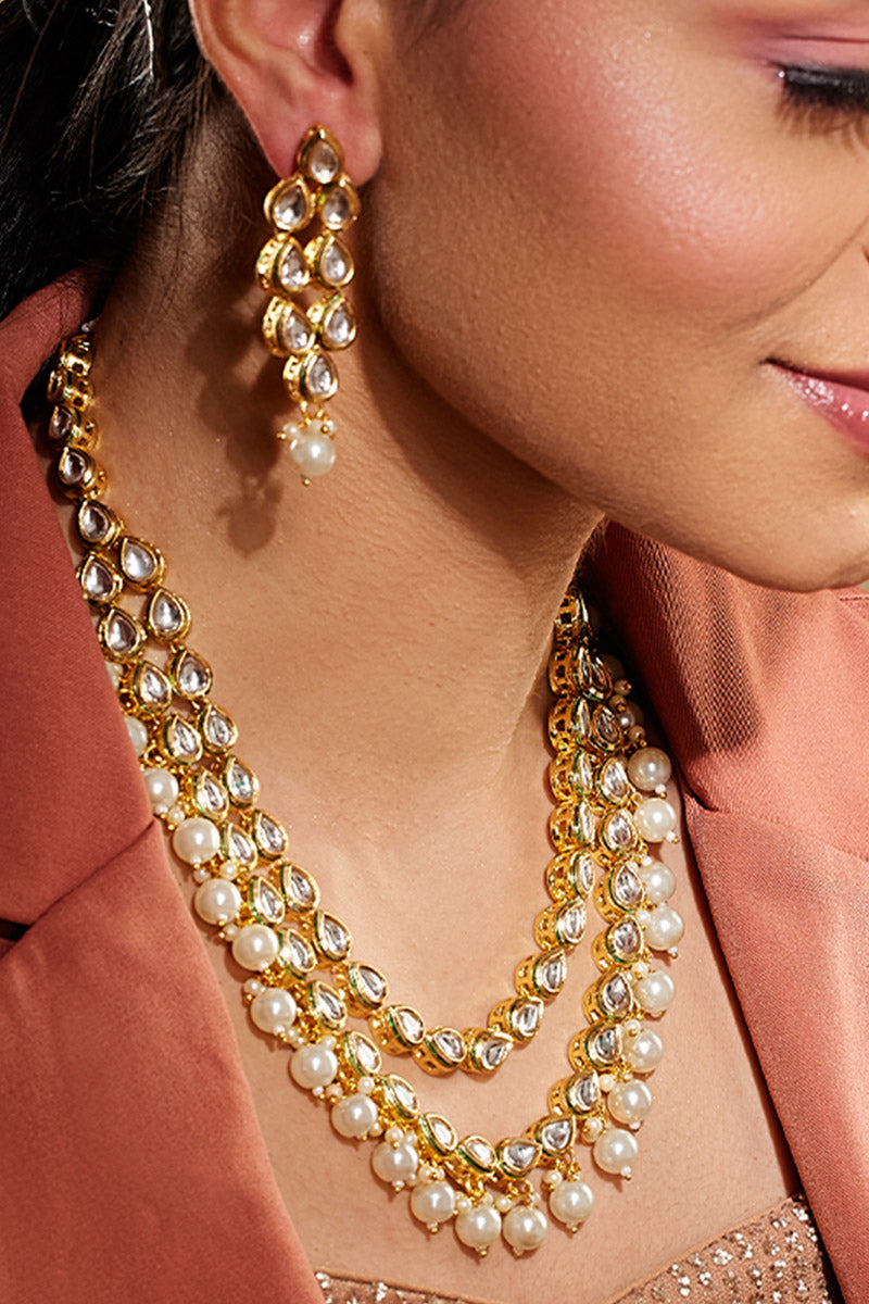 Kundan Pearl-Studded Double-Layered Jewellery Set