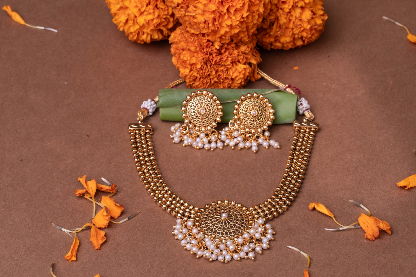 Gold-Plated Pearl-Studded Choker Jewellery Set