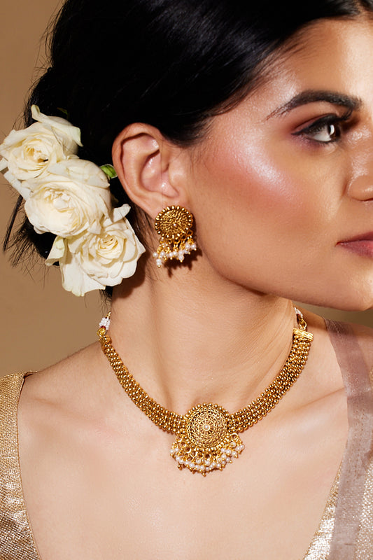 Gold-Plated Pearl-Studded Choker Jewellery Set