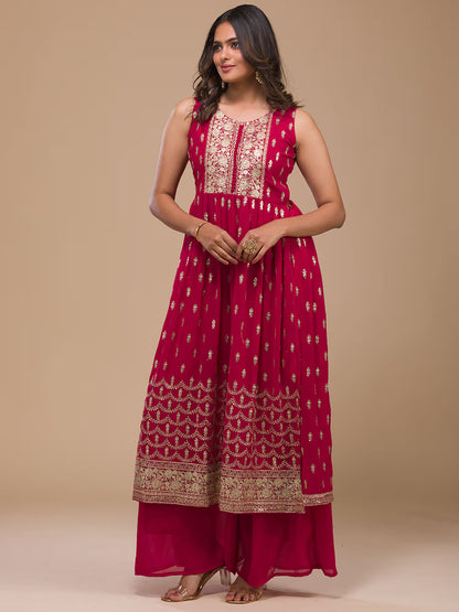 Rani Pink Zari Work Georgette Readymade Salwar Suit Stitched