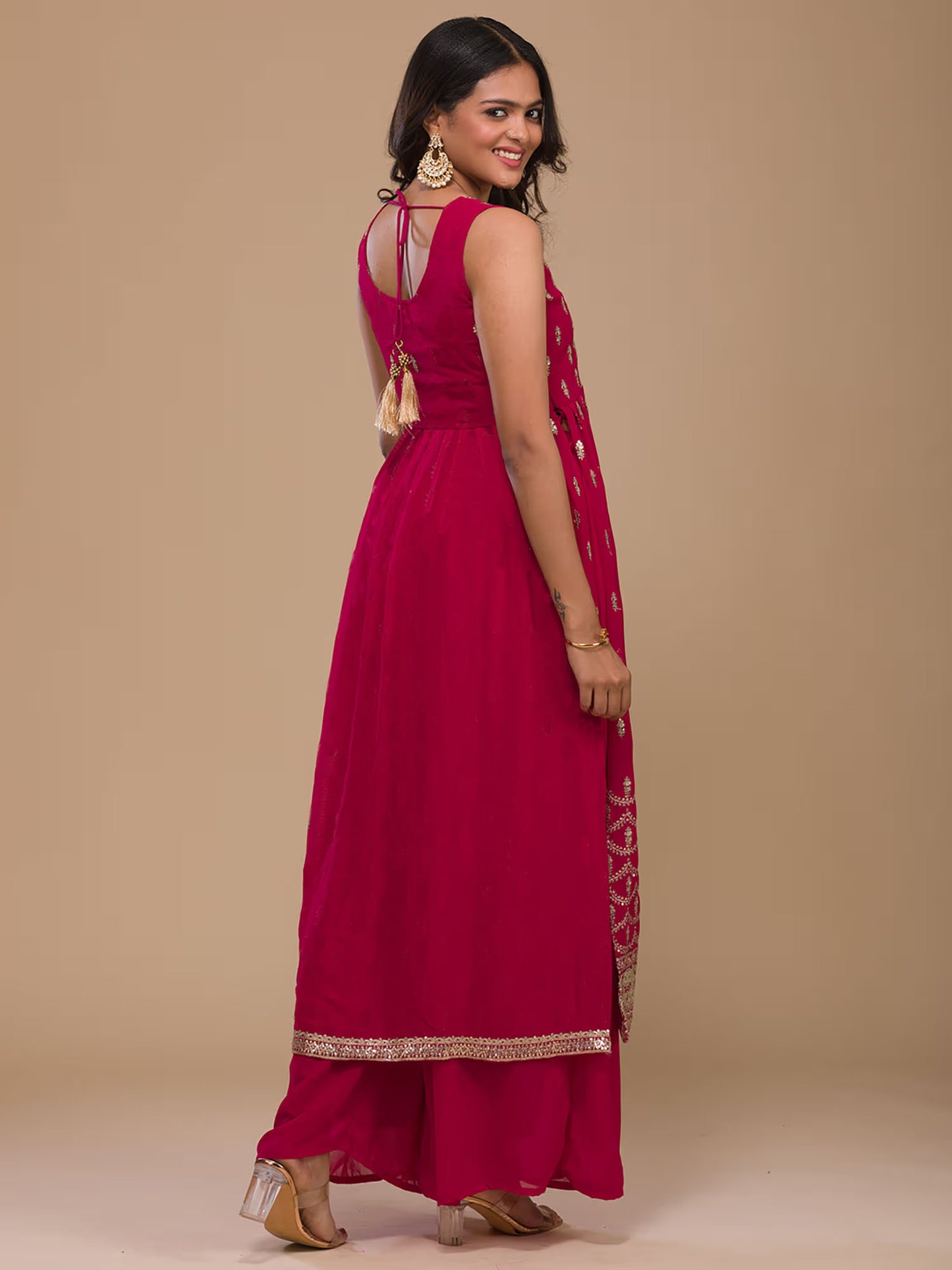 Rani Pink Zari Work Georgette Readymade Salwar Suit Stitched