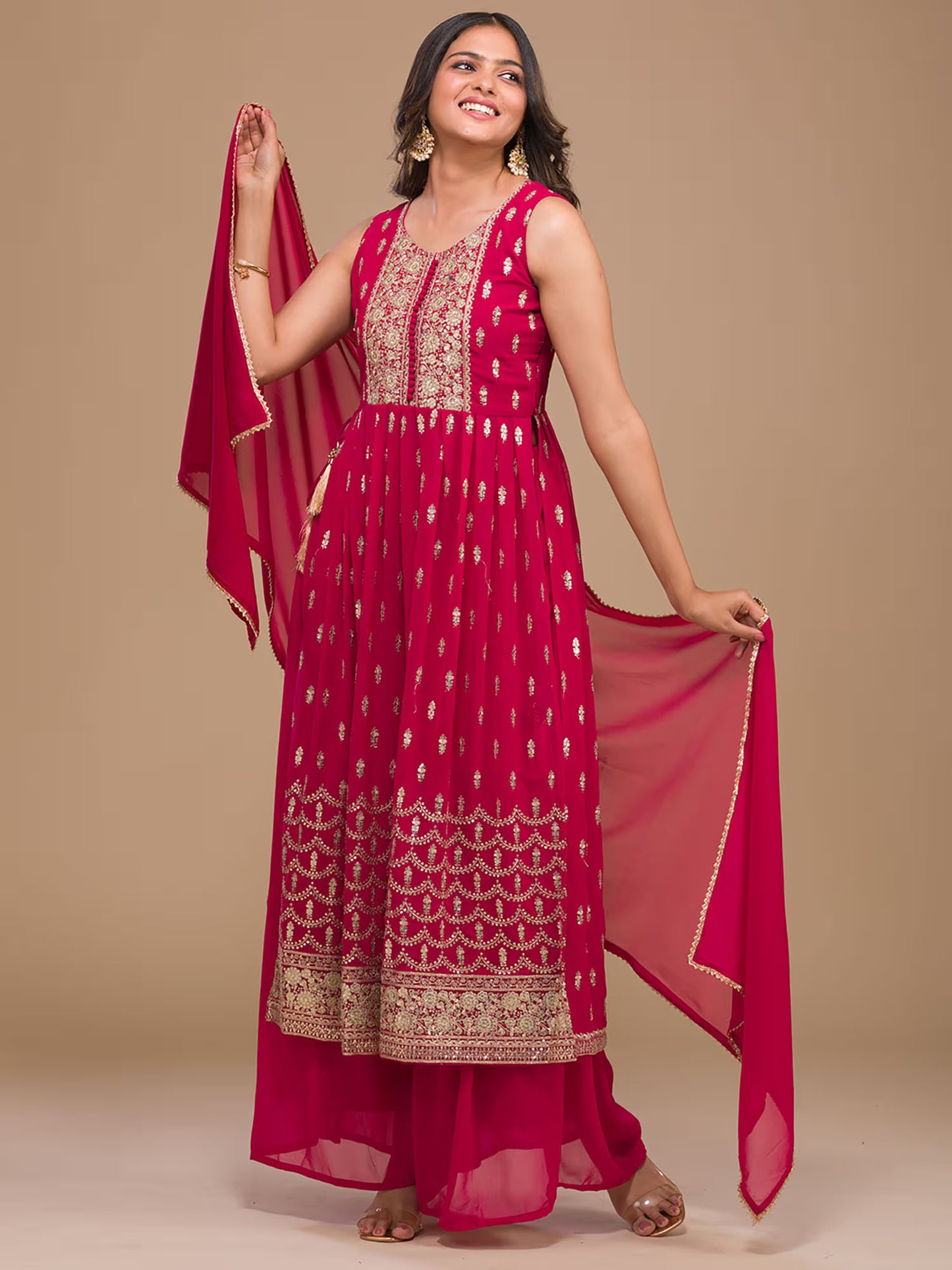 Rani Pink Zari Work Georgette Readymade Salwar Suit Stitched