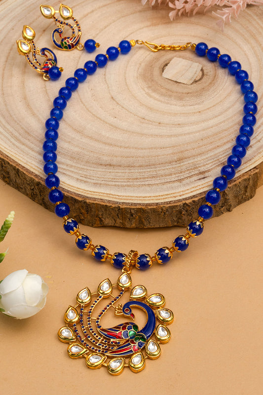 Blue Kundan Peacock Pendal Necklace Sets