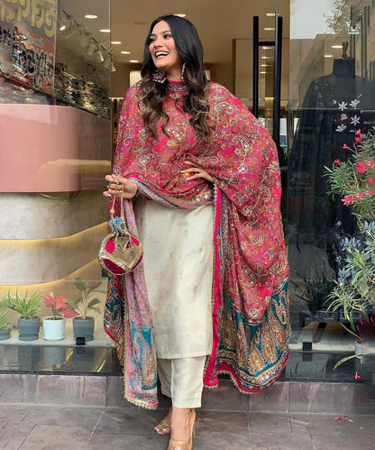 Cream Cotton Embroidered Kurta with Pant with Dupatta