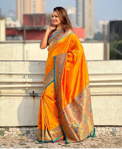 Vibrant Orange Art Silk Paithani Saree with Peacock Motifs