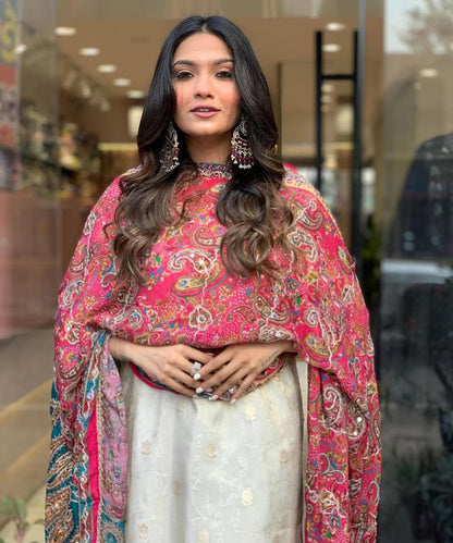 Cream Cotton Embroidered Kurta with Pant with Dupatta