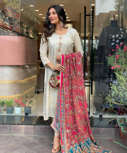 Cream Cotton Embroidered Kurta with Pant with Dupatta