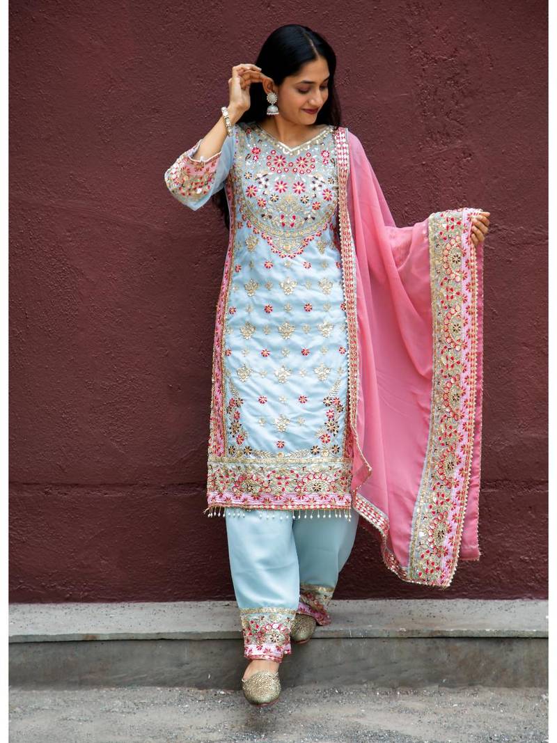 Kurta Set Blue Faux Georgette Embroidered with Pant and Dupatta