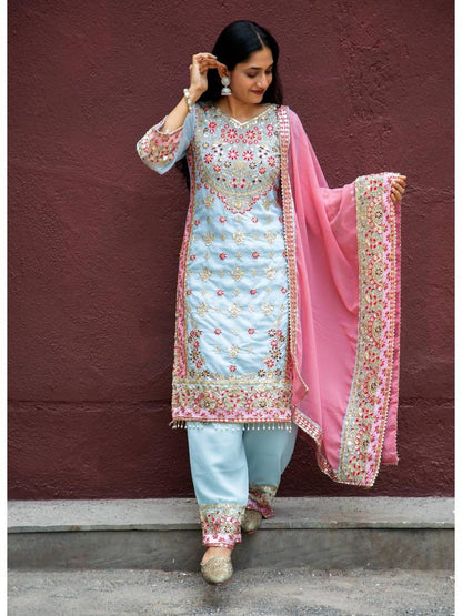 Kurta Set Blue Faux Georgette Embroidered with Pant and Dupatta