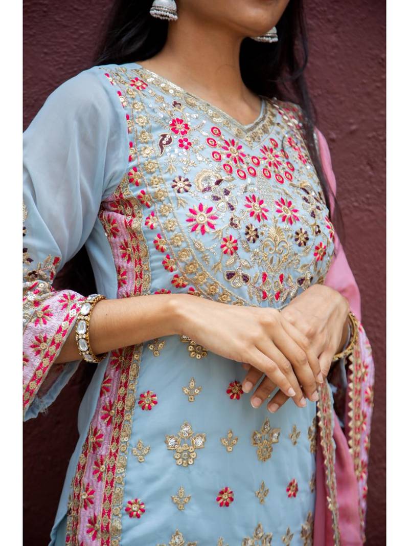 Kurta Set Blue Faux Georgette Embroidered with Pant and Dupatta