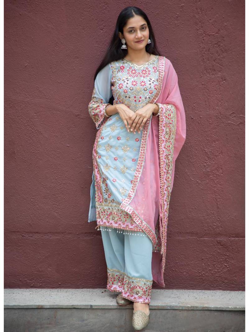 Kurta Set Blue Faux Georgette Embroidered with Pant and Dupatta