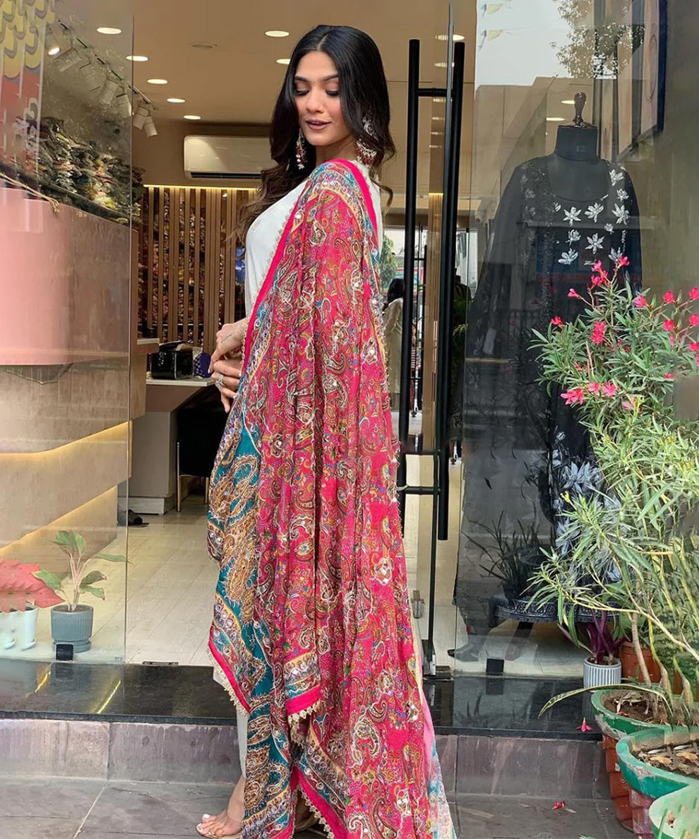 Cream Cotton Embroidered Kurta with Pant with Dupatta