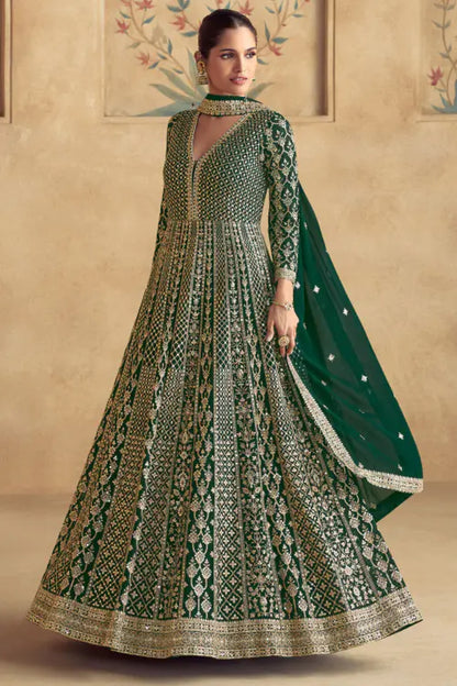 Green Viscose Velvet Heavy Embroidery Sequins Work Gown with Bottom and Dupatta