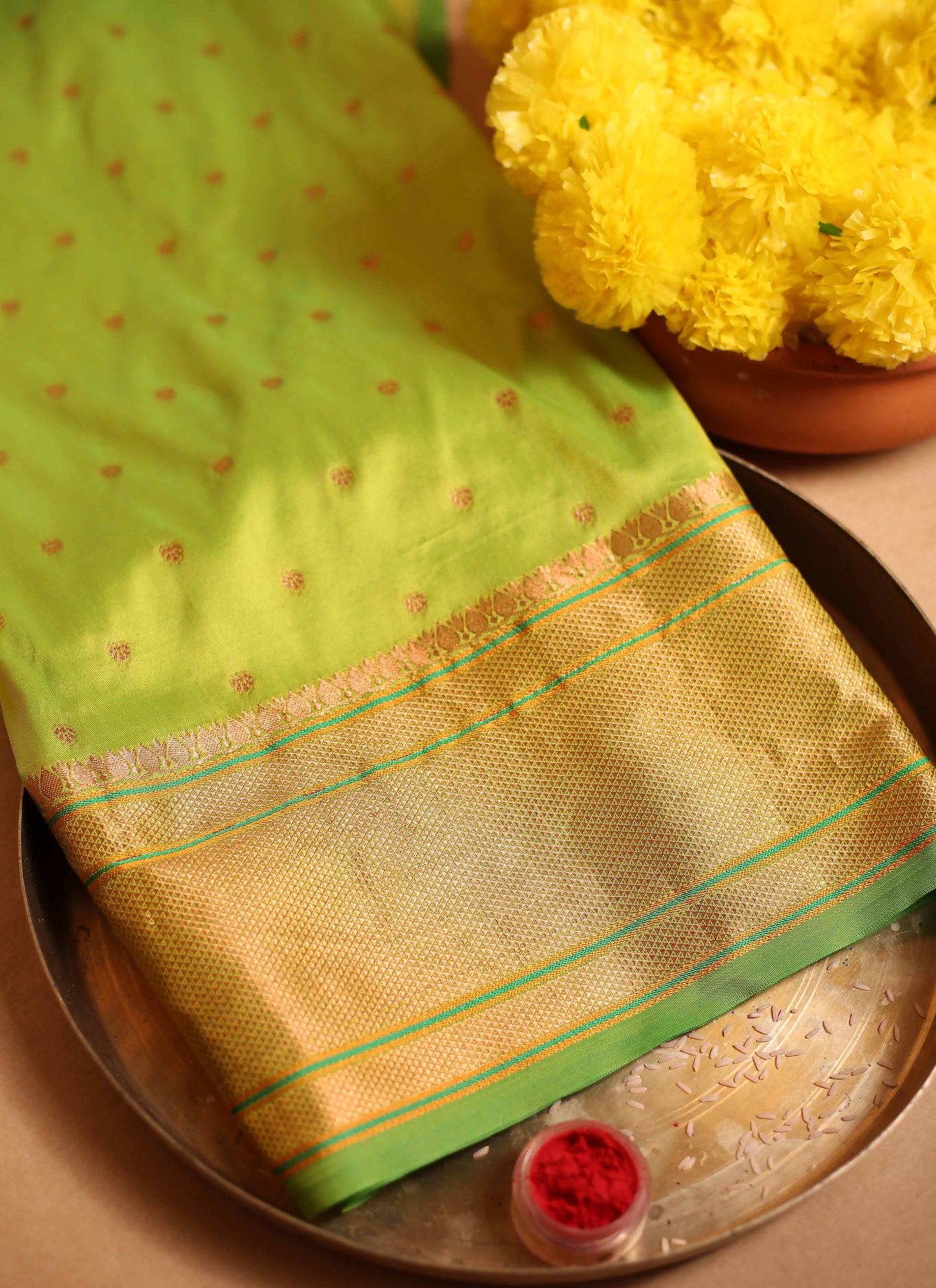 Lime Green Paithani Saree with Multicolor Zari Border