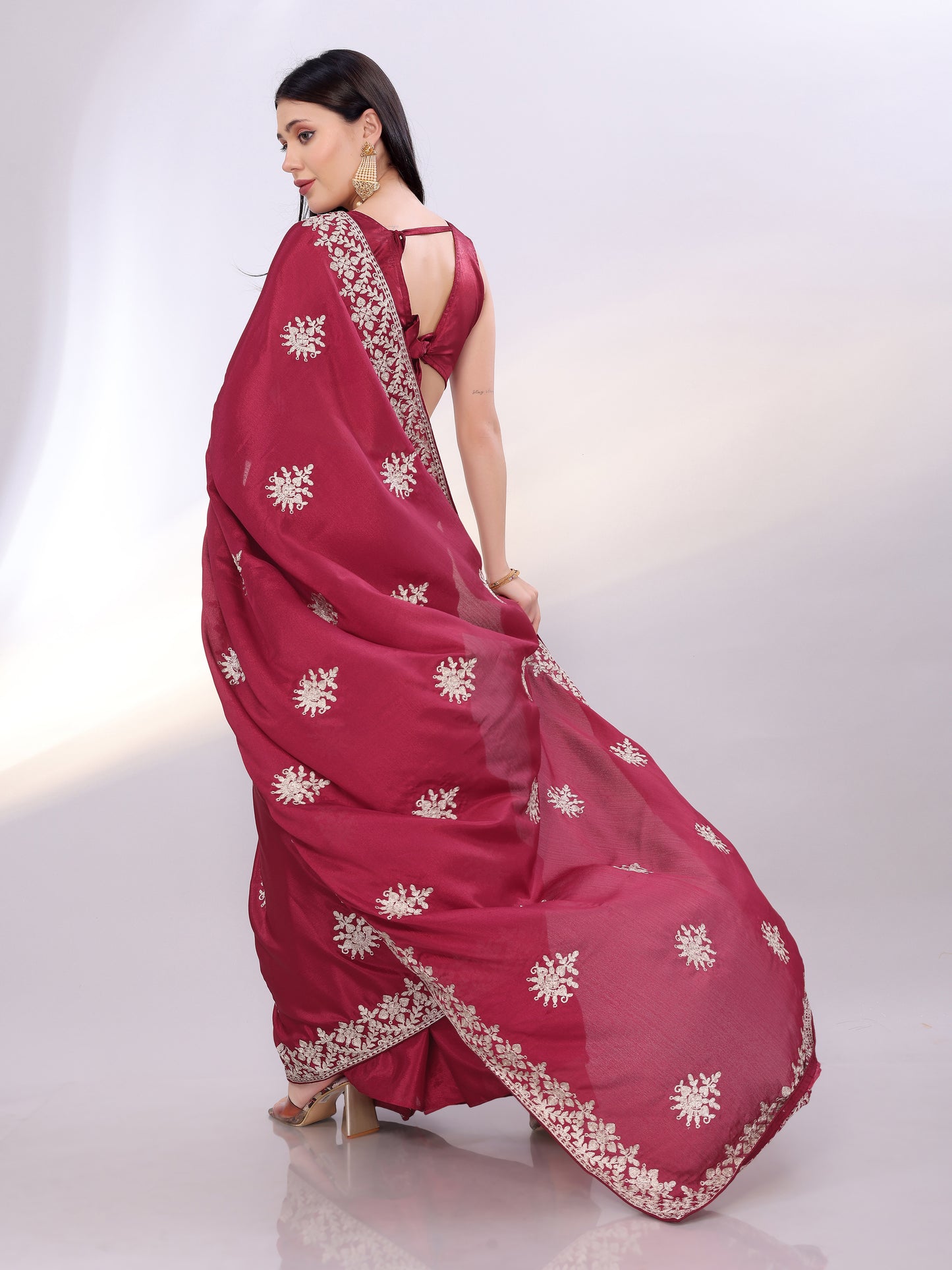 Elegant Maroon Chinon Silk Embroidered Saree with Matching Blouse