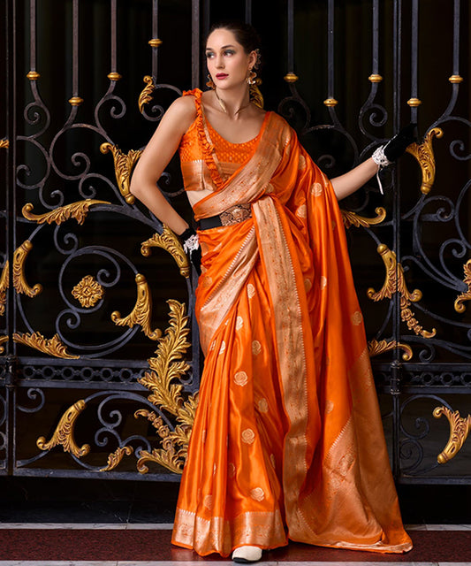 Radiant Yellow Banarasi Silk Saree with Rose Motifs & Golden Zari Work