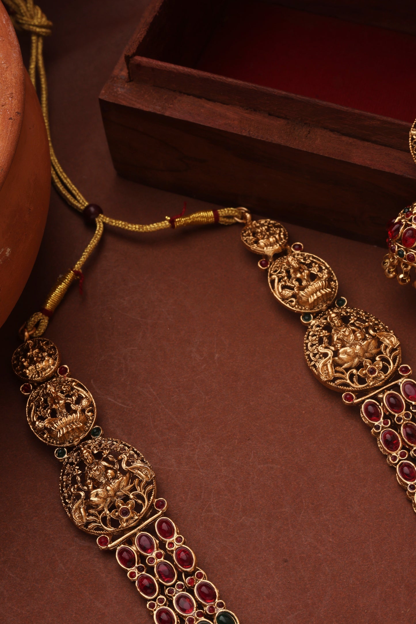 Three Layer Temple Jewellery Necklace Set with Red and Green Stone Studs