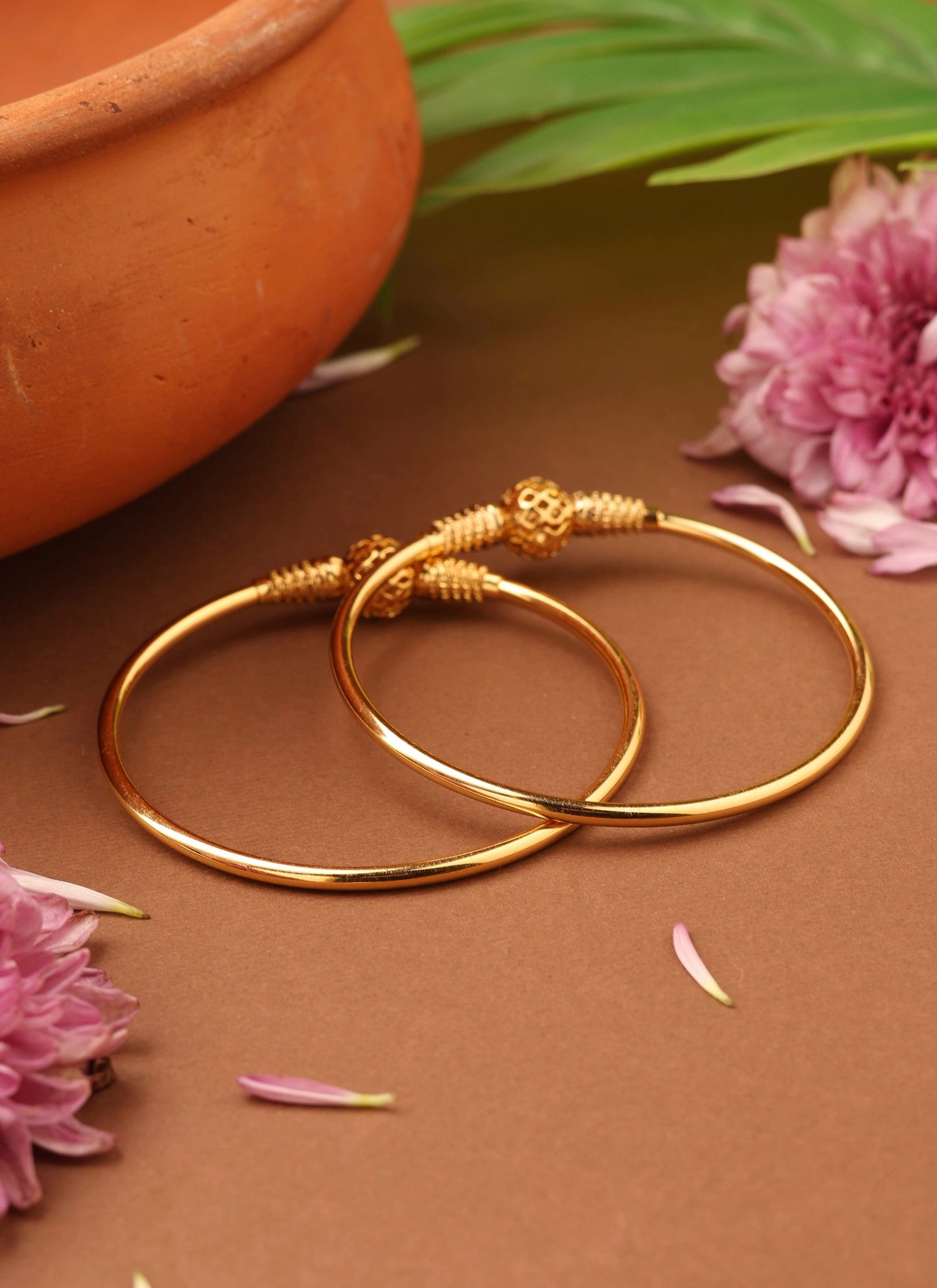 Gold-Plated Plain Bangles with Intricately Designed Center Ball