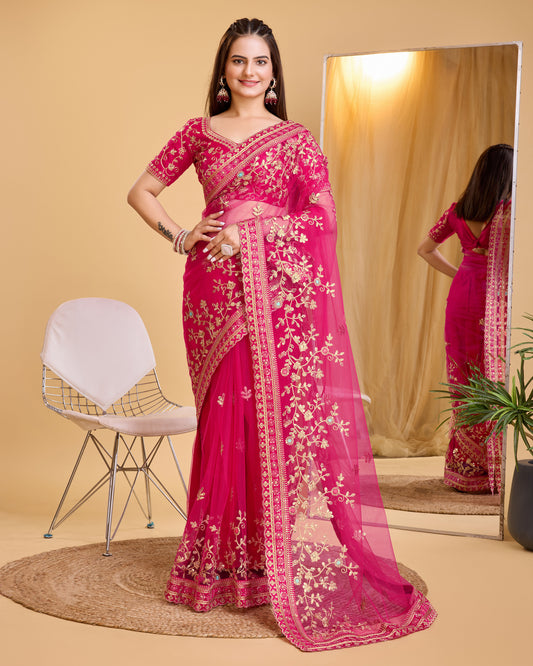 Rani Pink Soft Net Embroidered Saree