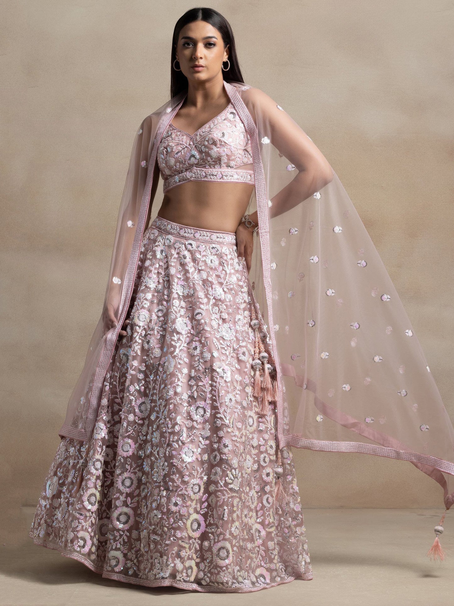 Pink Sequins Embroidered Soft Net Designer Lehenga Choli