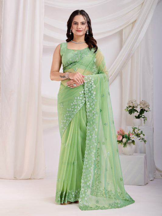 Pista Twill Net Embroidered Saree