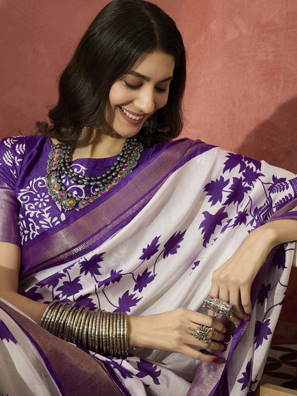 Elegant White Saree with Graceful Purple Floral Motifs