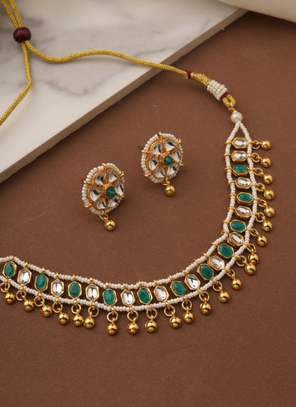 Kundan Choker Set with Green Stone Accent and Matching Earrings