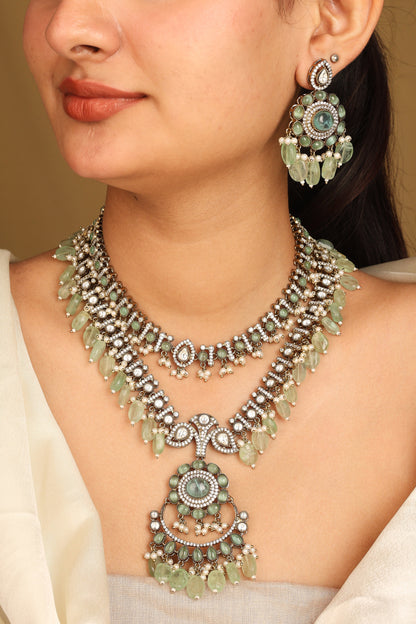 American Diamond Necklace Set with Green Stone Accents