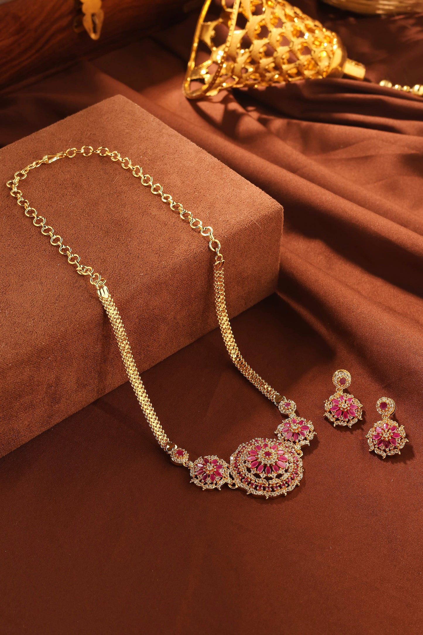 Gold Choker Set with Pink Stones and American Diamond Accents