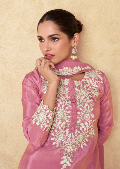 Onion Pink Embroidered Silk Blend Readymade Suit