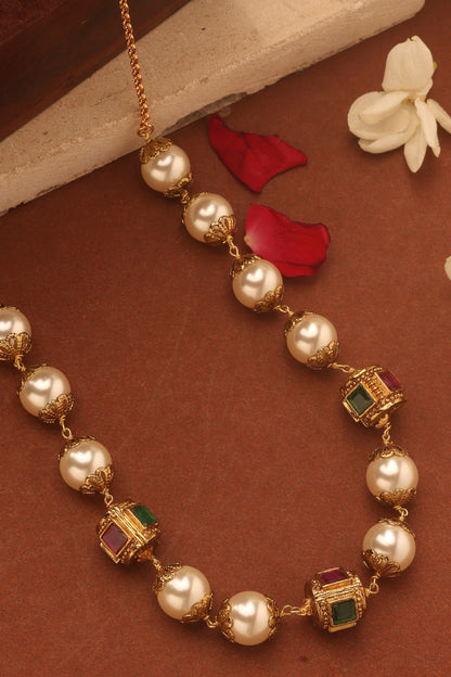 Pearl Necklace with Stone Studded Gold Balls