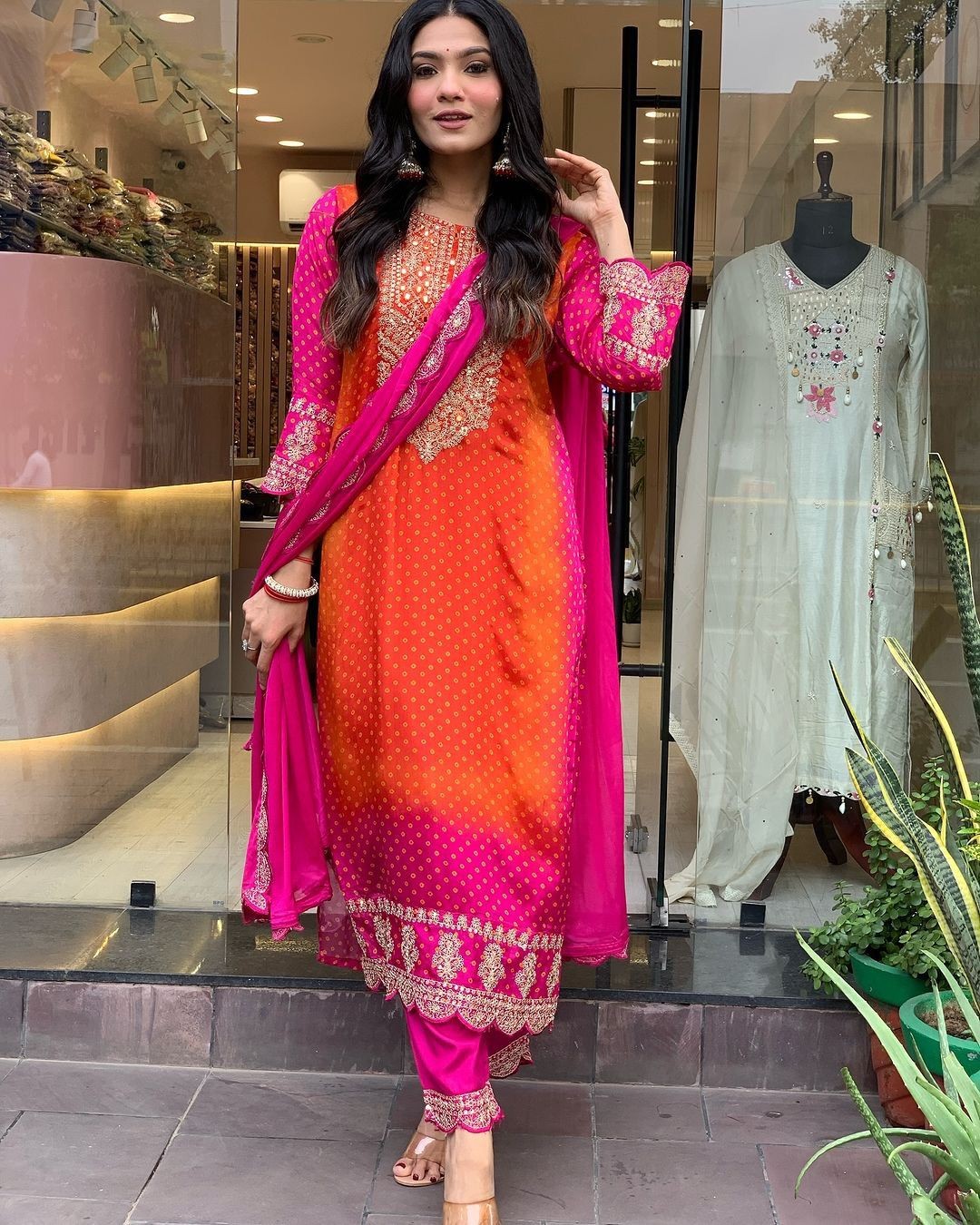 Orange Chiffon Embroidered Kurta Set