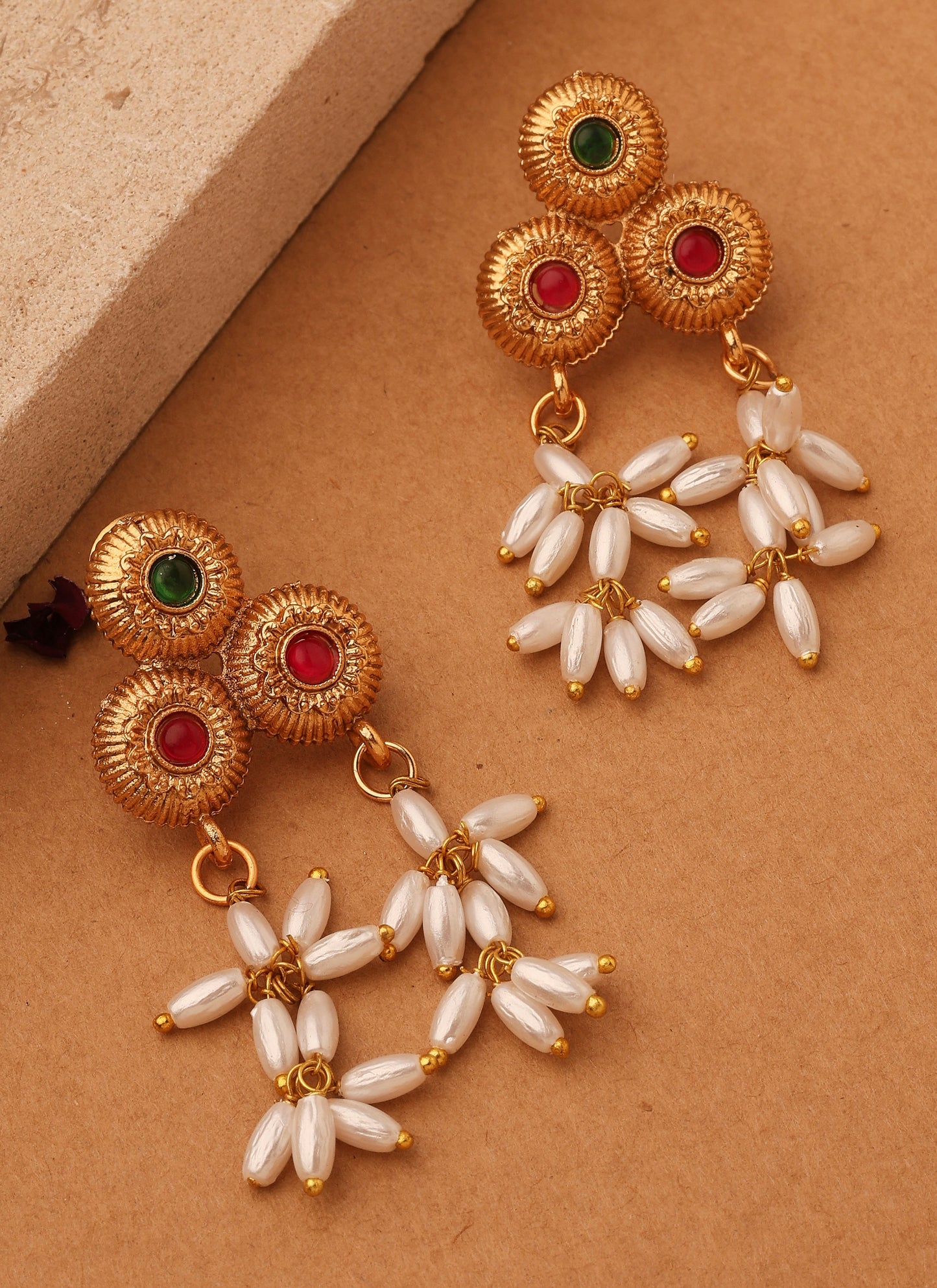 Gold Cup Necklace with Red Stones and White Oval Jhumkis