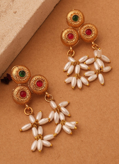 Gold Cup Necklace with Red Stones and White Oval Jhumkis