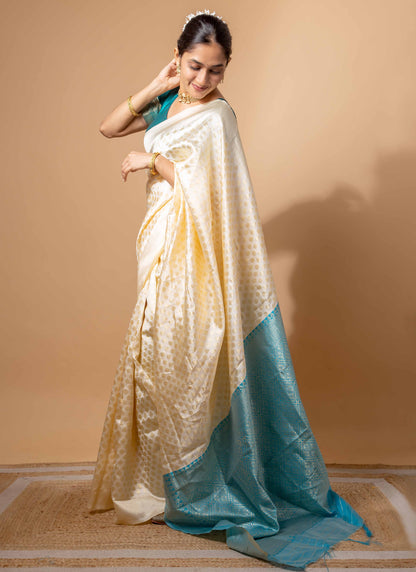 Ivory and Teal Zari Woven Saree with Intricate Motifs