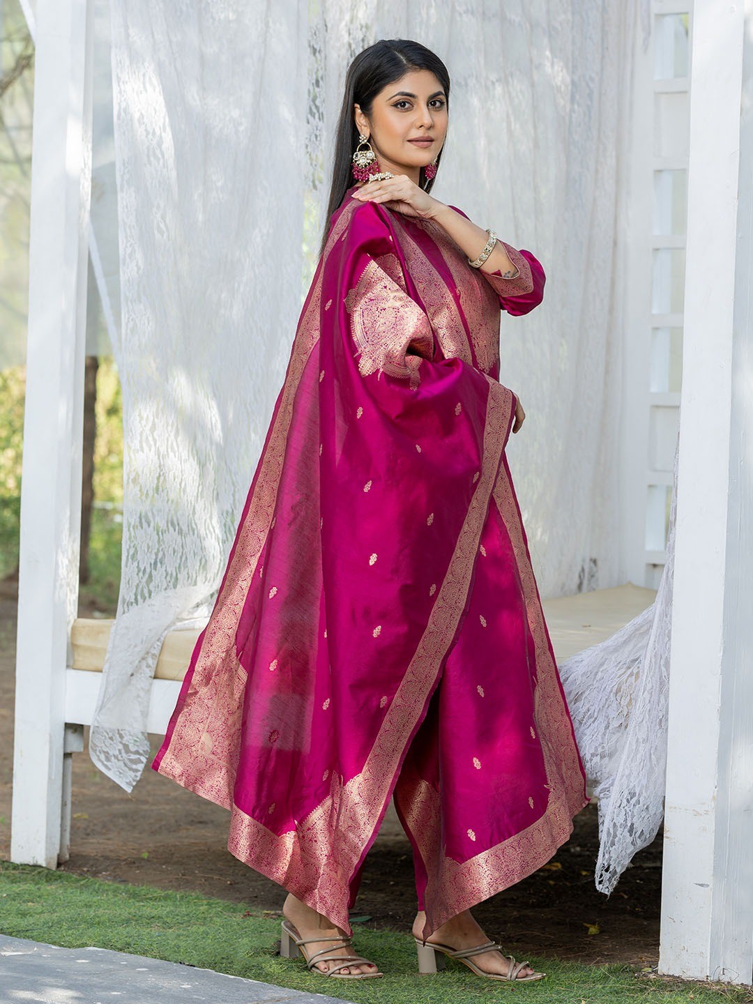 Pink Silk Blend Jacquard Kurta Pant with Dupatta