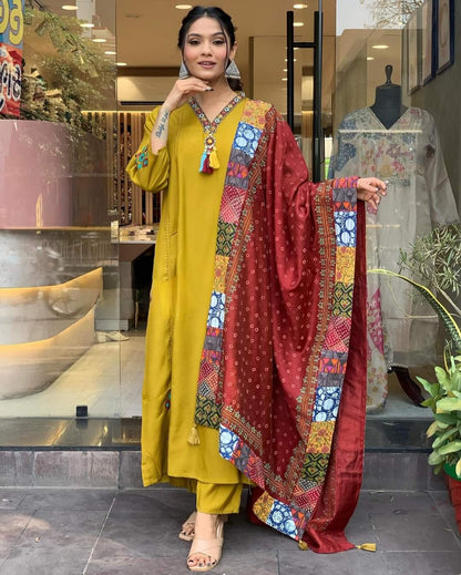 Gorgeous Mustard Chanderi Silk Embroidered Kurta Pant Dupatta Set