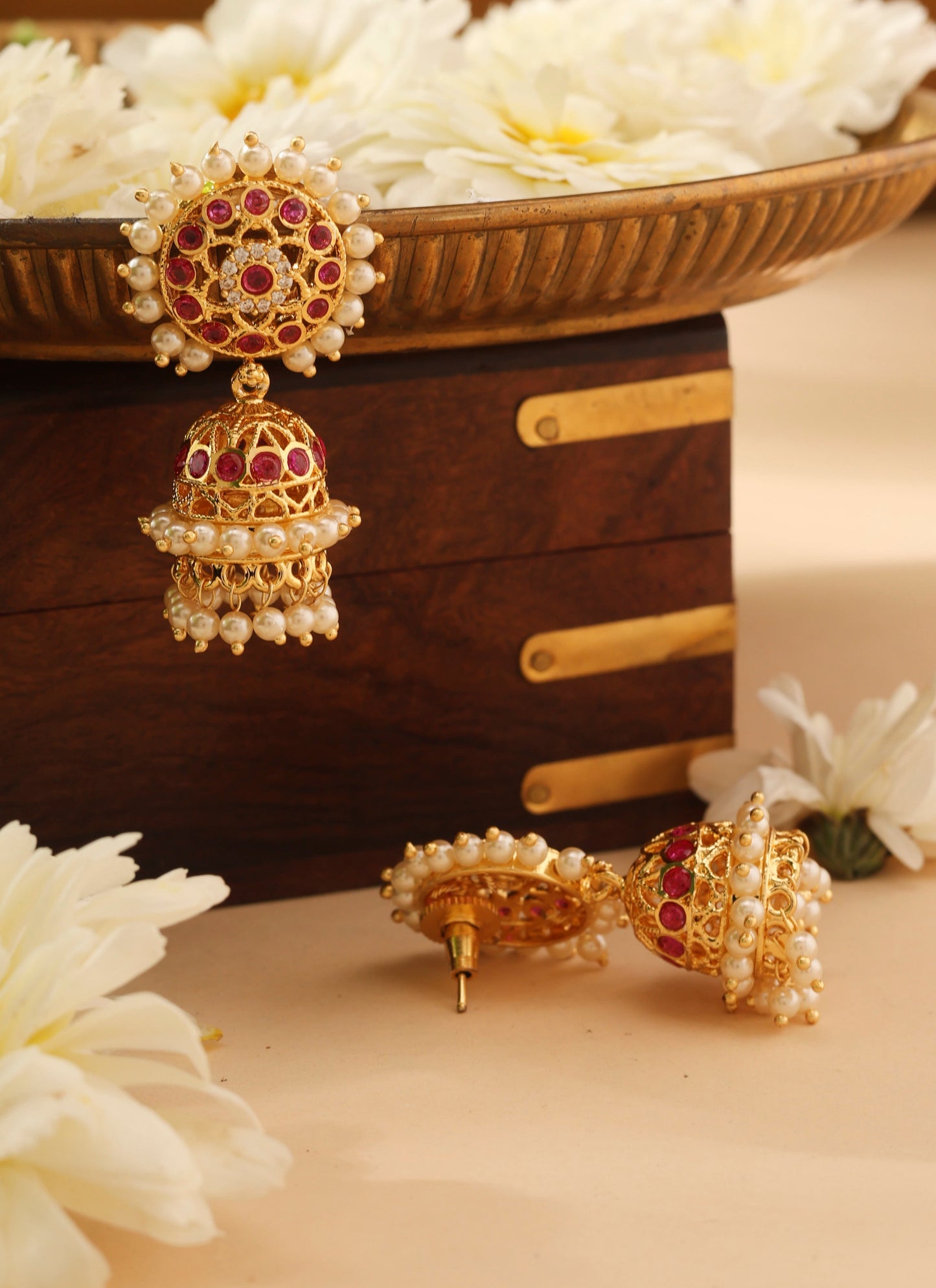 Gold Jhumkas with Pearls and Pink Stone Accents