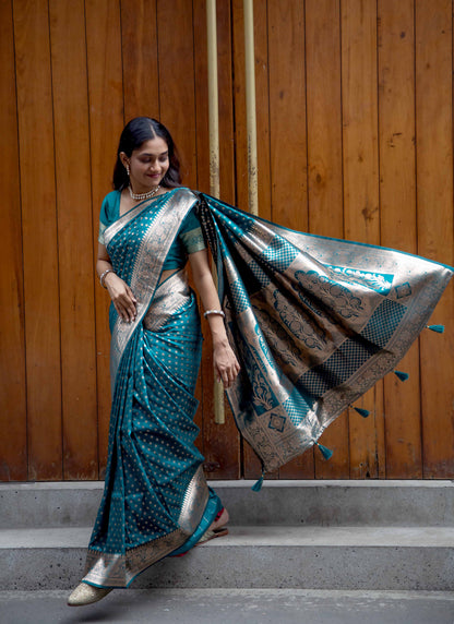 Teal Green Zari Woven Saree with Floral Border and Tassels