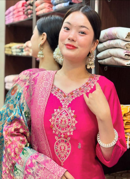 Pink Silk Embroidered Kurta with Pant & Dupatta