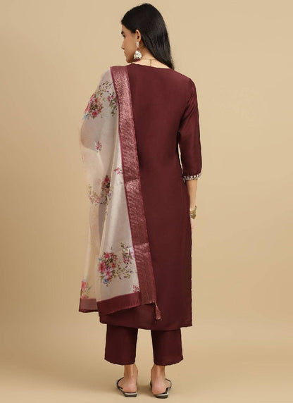 Brown Rayon Digital Print Kurta with Pant & Dupatta