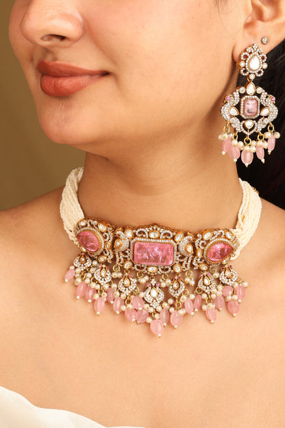 Pearl Choker Set with Pink Accents and Matching Earrings