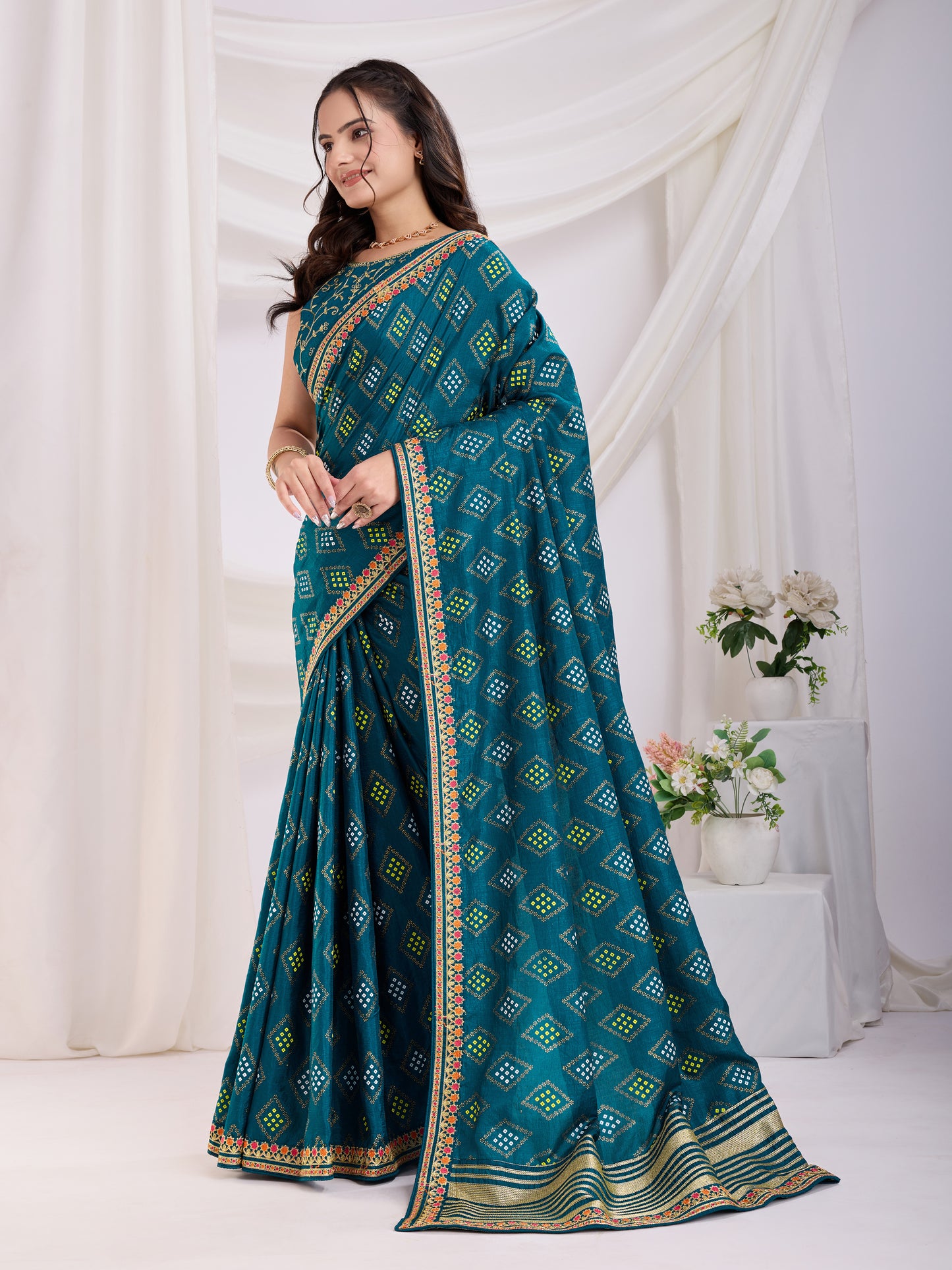 Teal Bandhej Print Embroidery Saree